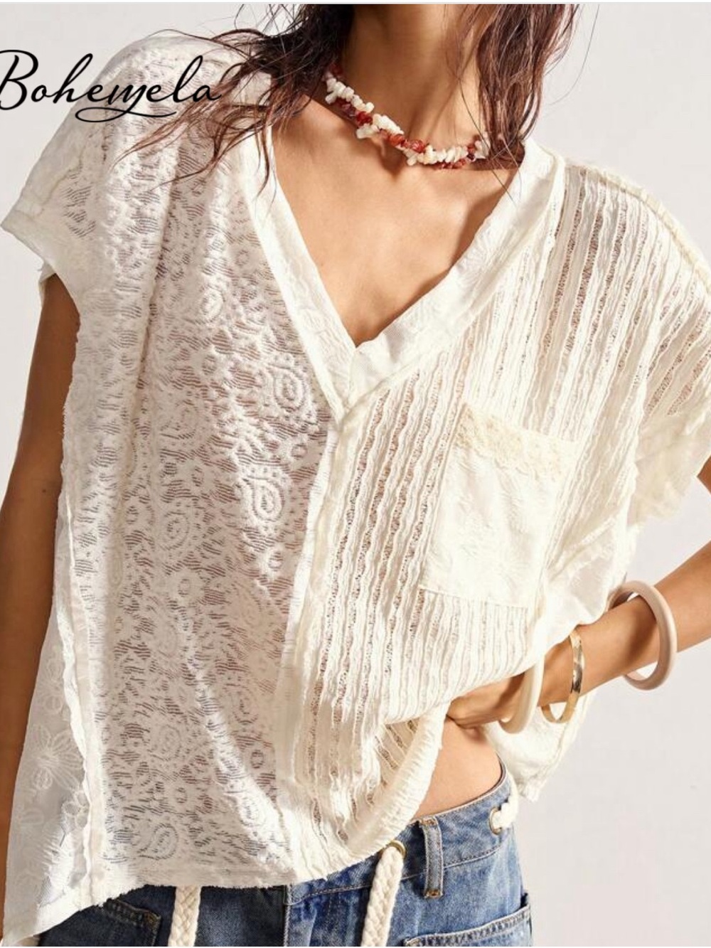 Boheme Cream Lace & Pintuck V-Neck Tunic